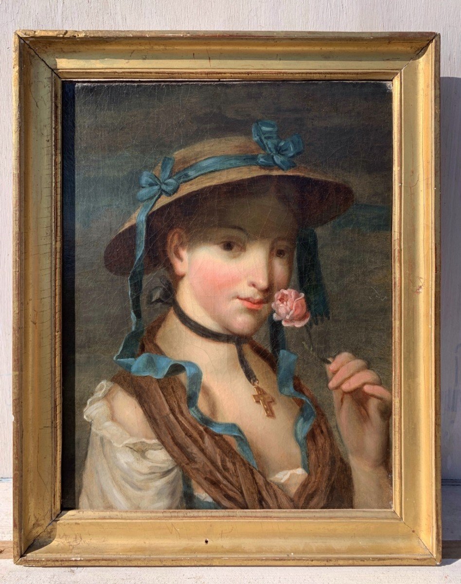 Peintre Français (18ème Siècle) - Portrait d'Une Bergère à La Rose.-photo-2