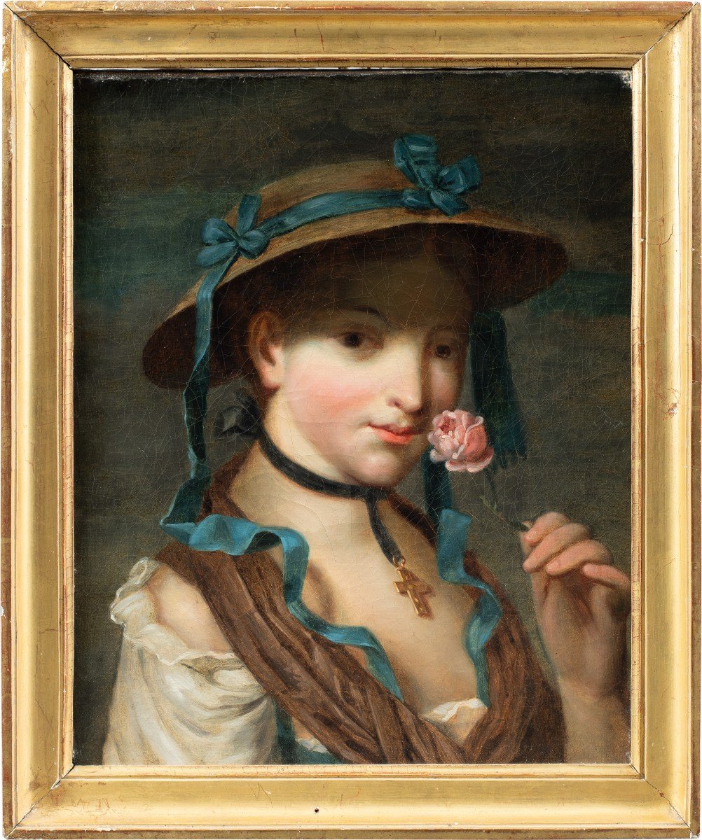Peintre Français (18ème Siècle) - Portrait d'Une Bergère à La Rose.