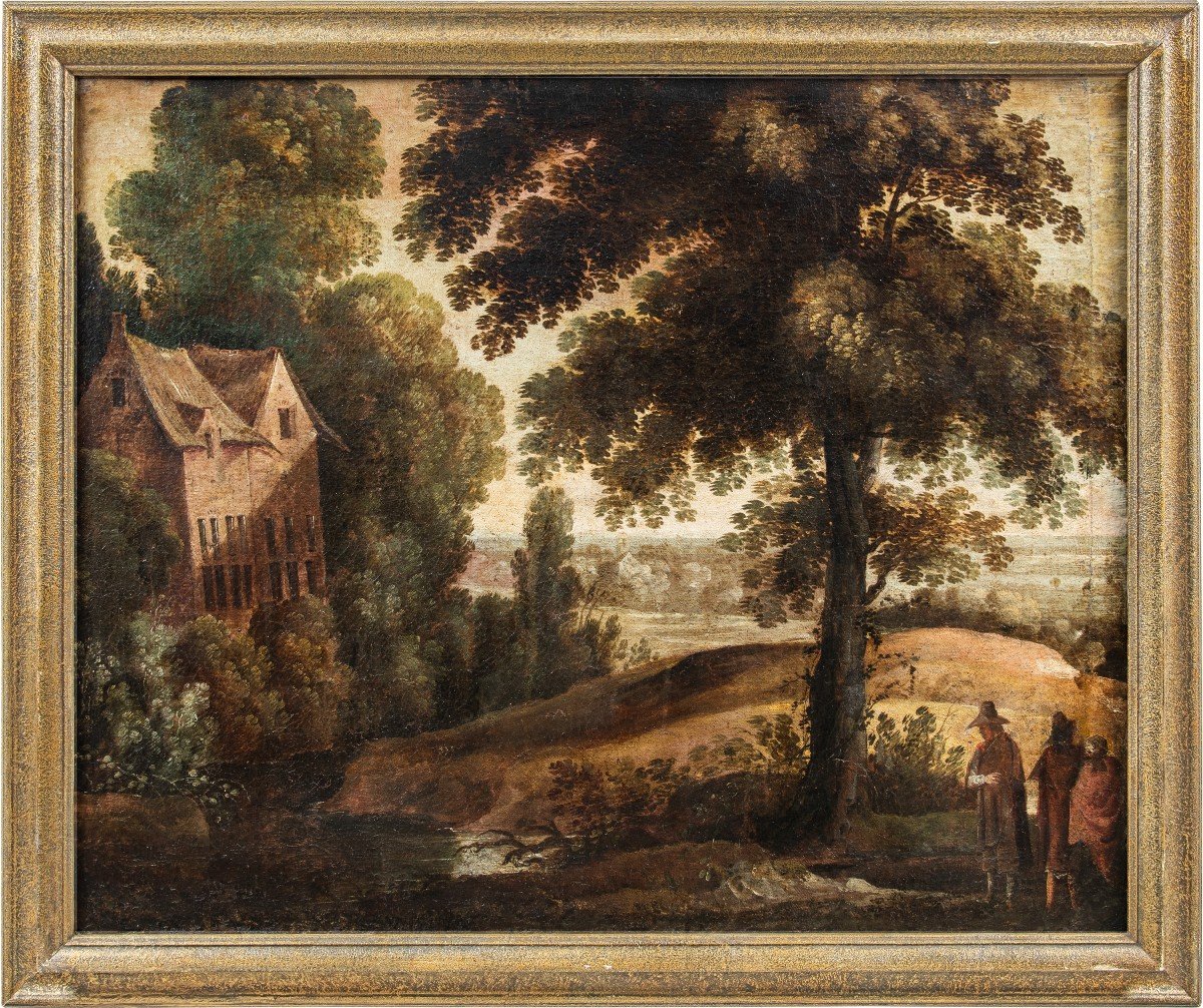 Maître Flamand (xviie Siècle) - Paysage Fluvial Avec Personnages.