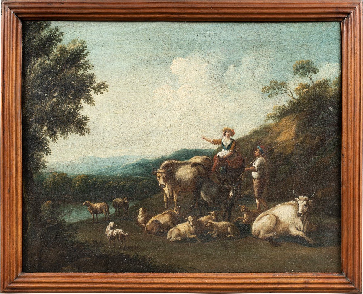 Peintre Italien (xviiie Siècle) - Paysage Arcadien Avec Troupeau Et Bergers.