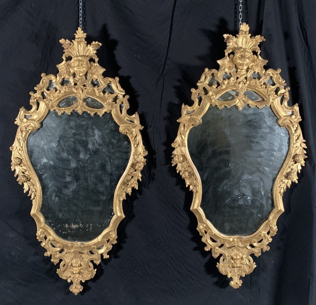 Pair Of Carved And Gilded Wooden Mirrors. Italy, 18th Century.-photo-2