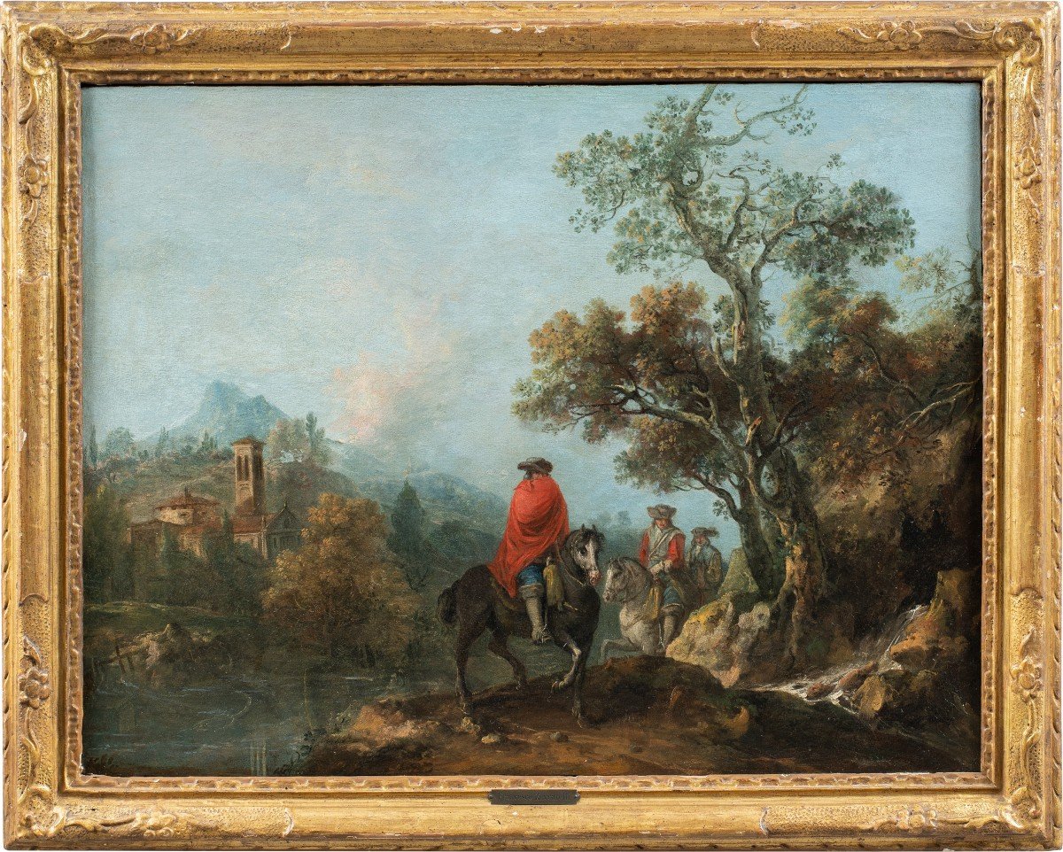Francesco Zuccarelli (pitigliano 1702 - Florence 1788) - Paysage Fluvial Avec Chevaliers.