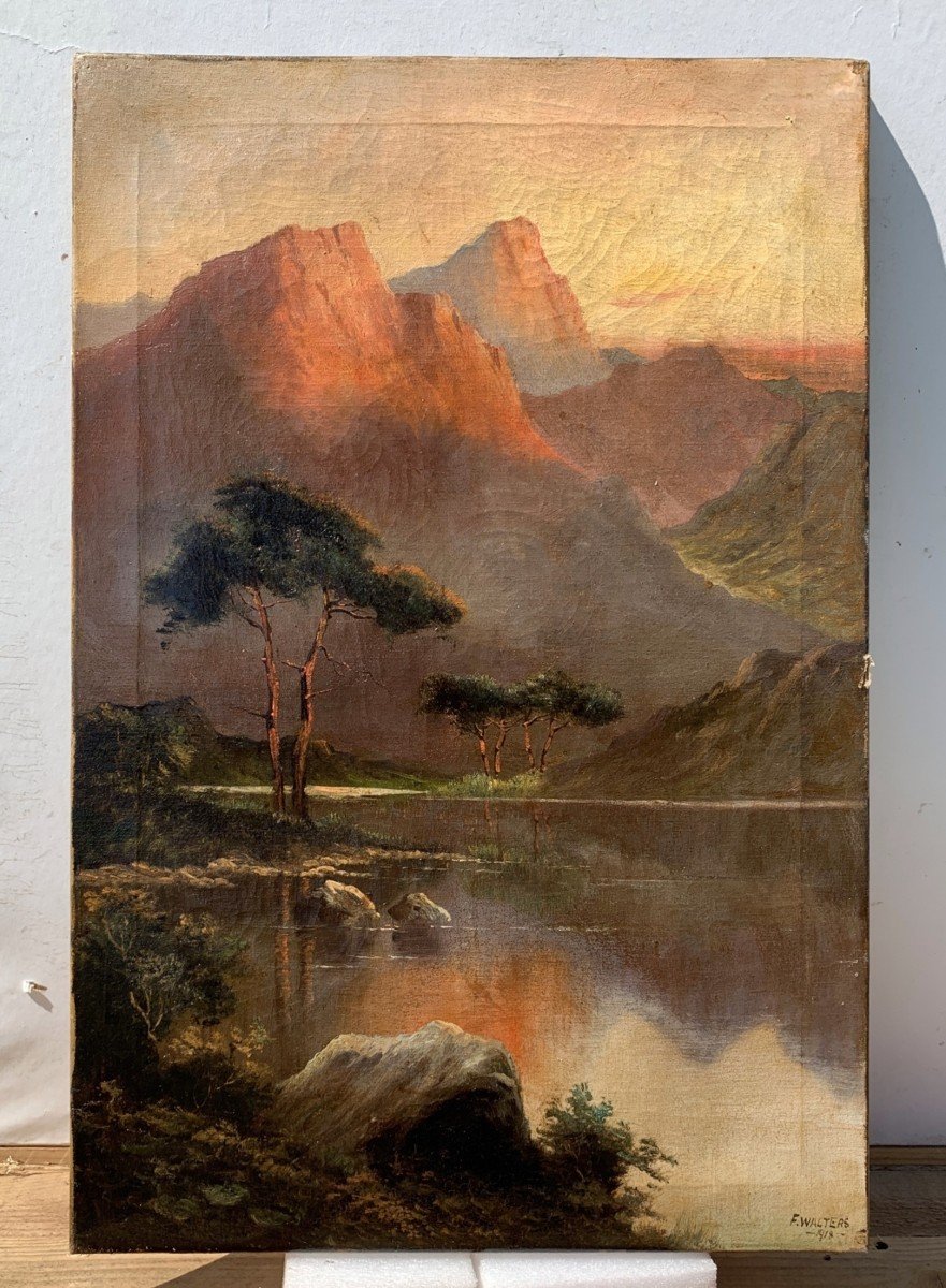 F. Walters (british, Dated 1918) - Mountain Landscapes In The Morning And At Sunset.-photo-2