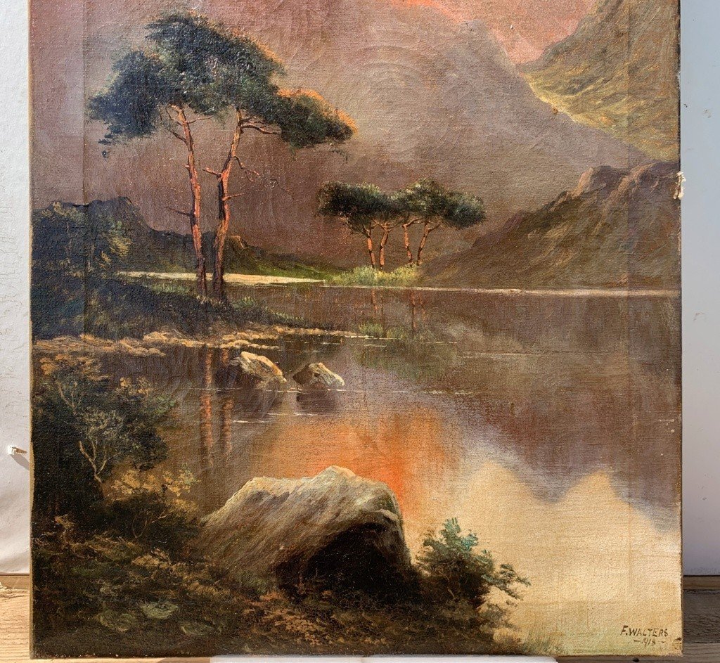 F. Walters (british, Dated 1918) - Mountain Landscapes In The Morning And At Sunset.-photo-3