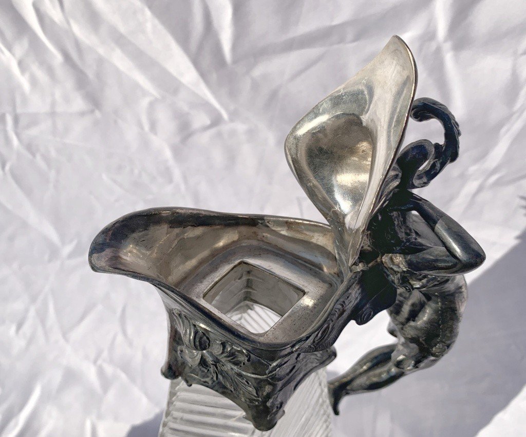 Paire De Pichets Liberty En Verre Et Métal Repoussé. Italie, XXe Siècle-photo-3