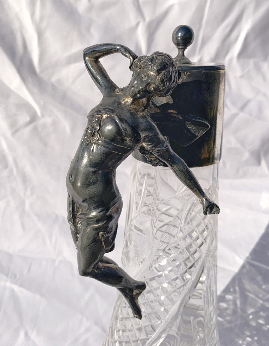 Paire De Pichets Liberty En Verre Et Métal Repoussé. Italie, XXe Siècle-photo-1