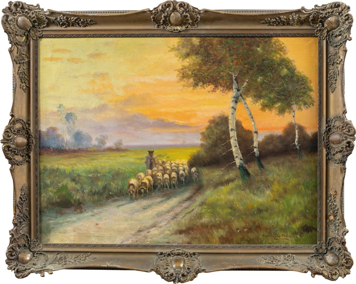 Peintre Anglais (19ème Siècle) - Paysage Avec Troupeaux Au Coucher Du Soleil.