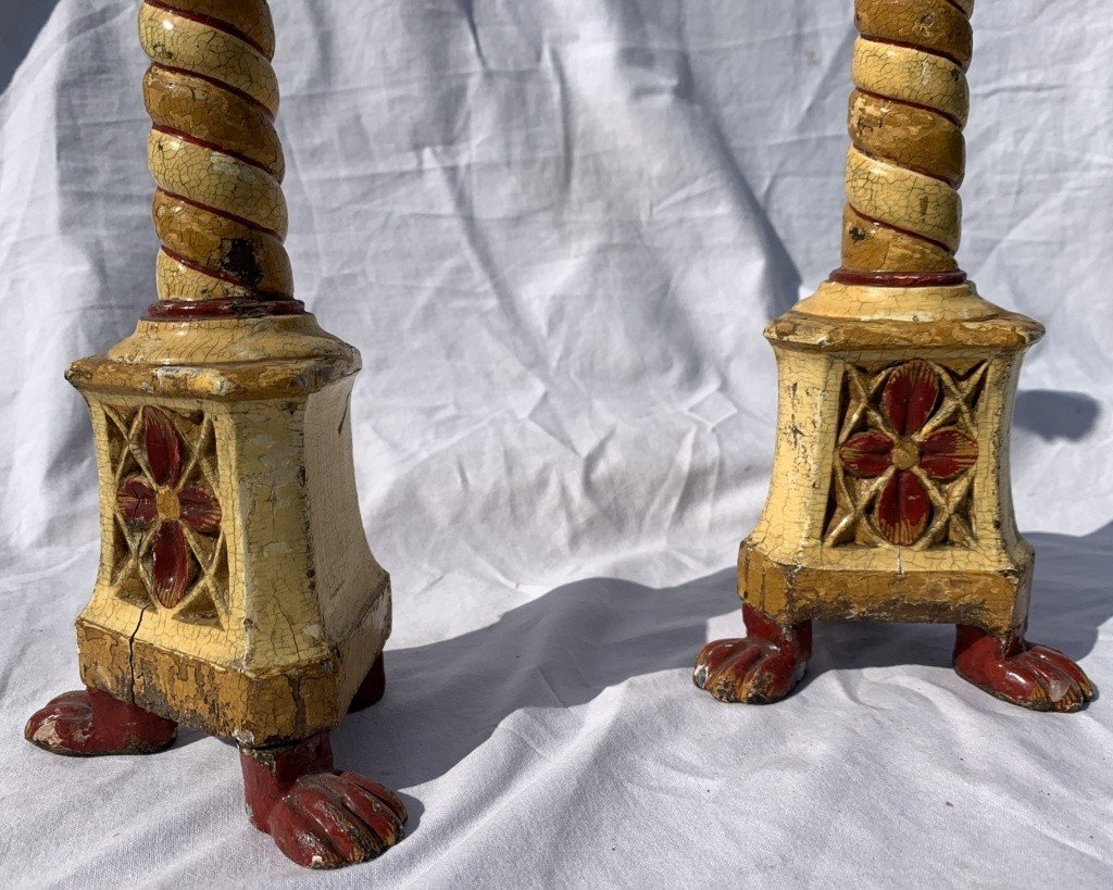 Pair Of Lacquered And Painted Wooden Candlesticks. Venice, 18th/19th Century.-photo-3