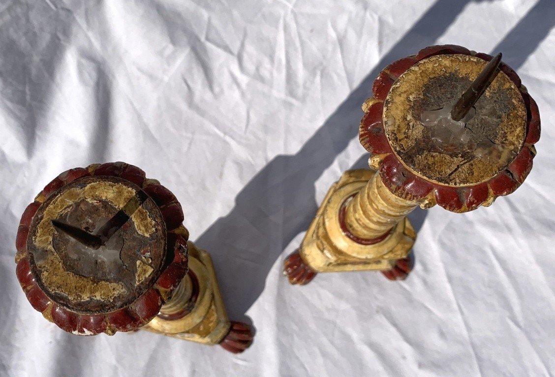 Pair Of Lacquered And Painted Wooden Candlesticks. Venice, 18th/19th Century.-photo-1