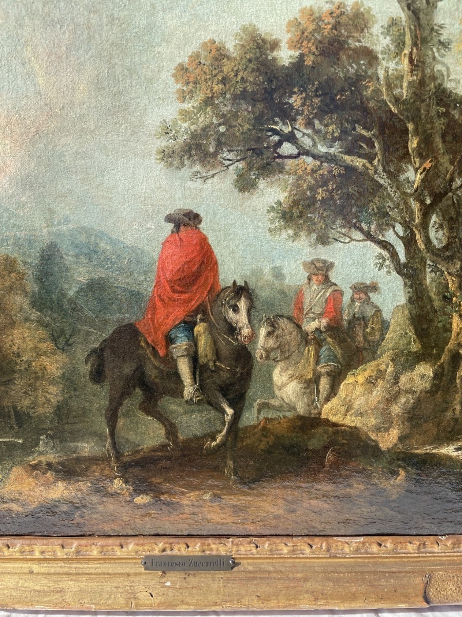 Francesco Zuccarelli (pitigliano 1702 - Florence 1788) - Paysage Fluvial Avec Chevaliers.-photo-1