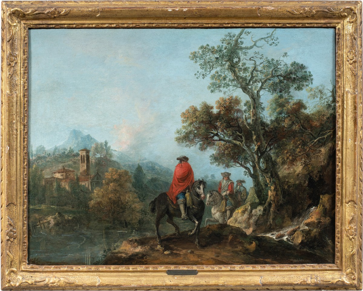 Francesco Zuccarelli (pitigliano 1702 - Florence 1788) - Paysage Fluvial Avec Chevaliers.