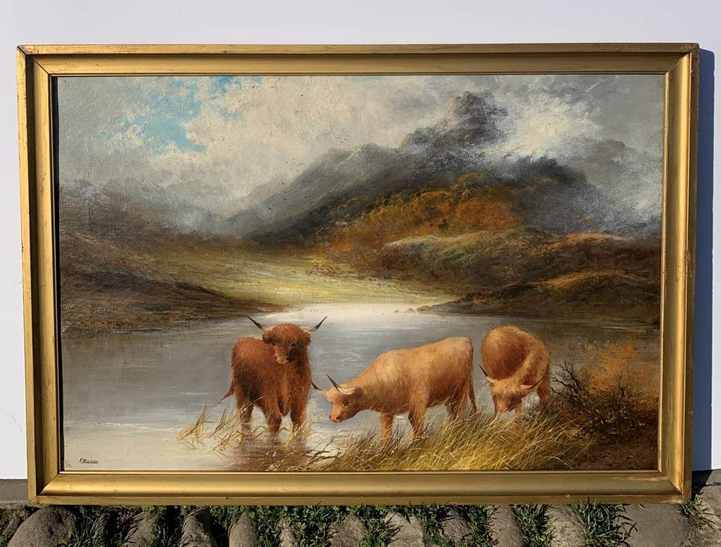 Frank Walters (british, Late 19th Century) - Highland Cattle At The Lake.-photo-4
