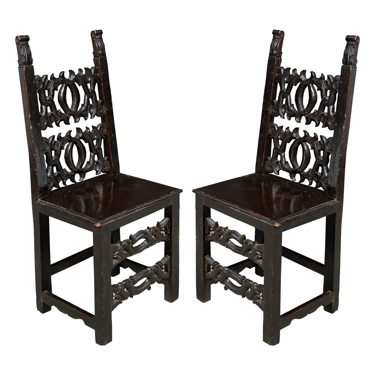 Pair Of Carved Wooden Refectory Chairs. Modena, 19th Century.-photo-2