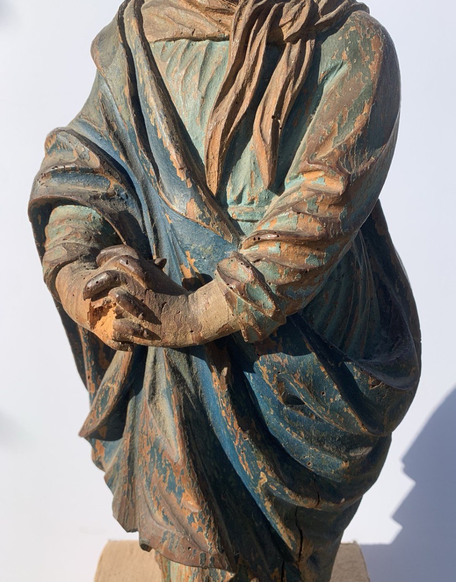 Carved And Painted Wooden Sculpture - Madonna Praying - Italy, 17th-18th Century.-photo-4