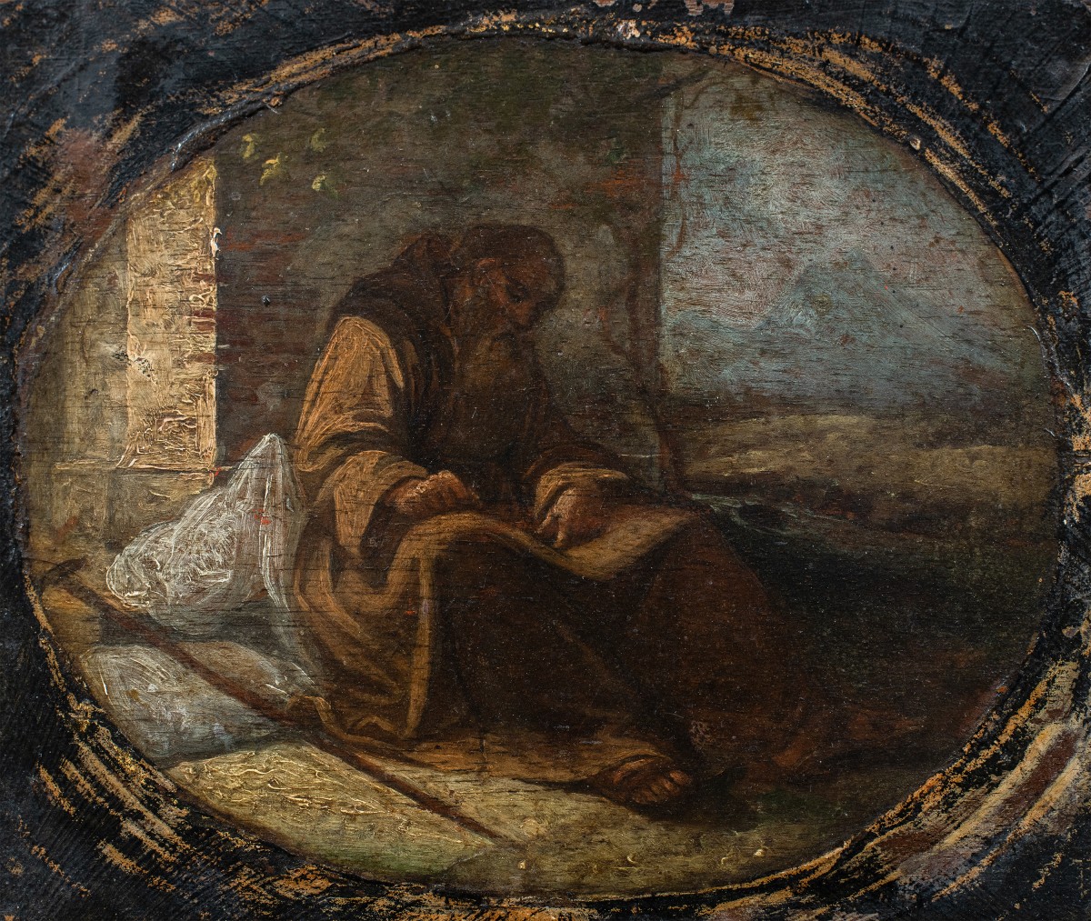 Peintre italien (XVIIe-XVIIIe siècles) - Moine franciscain pèlerin assis et écrivant 