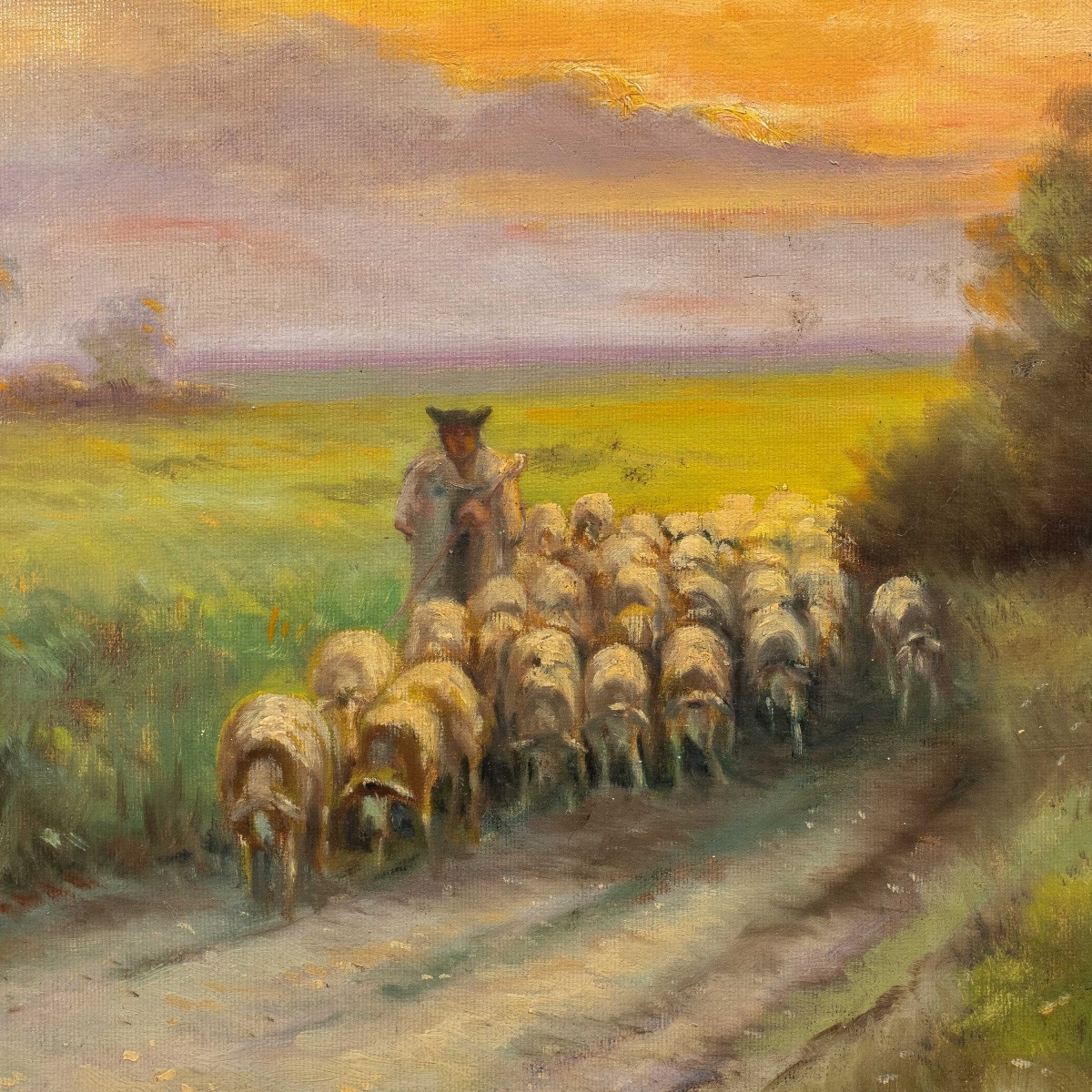 English Painter (19th Century) - Landscape With Flock At Sunset.-photo-2