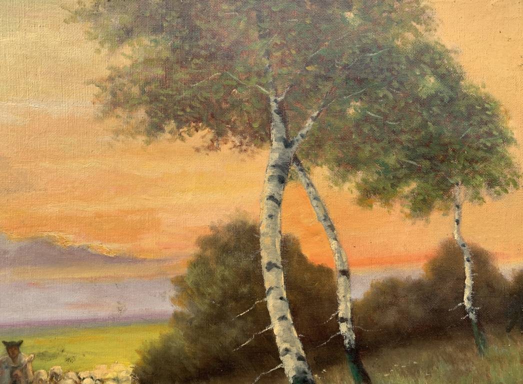 English Painter (19th Century) - Landscape With Flock At Sunset.-photo-2