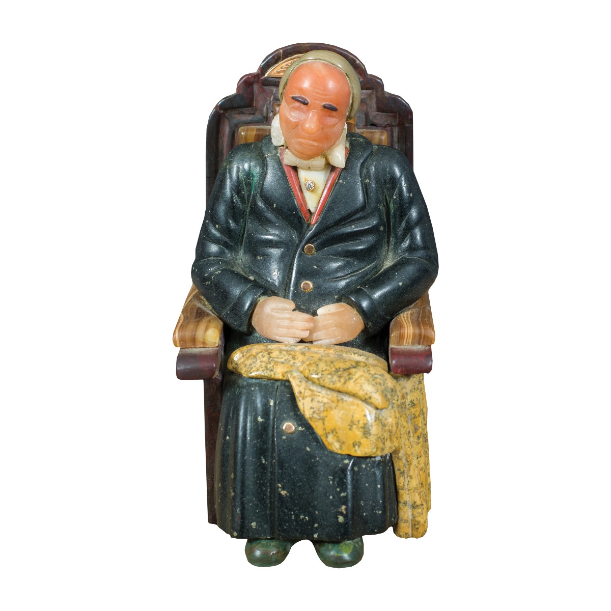 Sculpture In Different Marbles And Semiprecious Stones - Seated Old Man. Probably Russia XIX-xx
