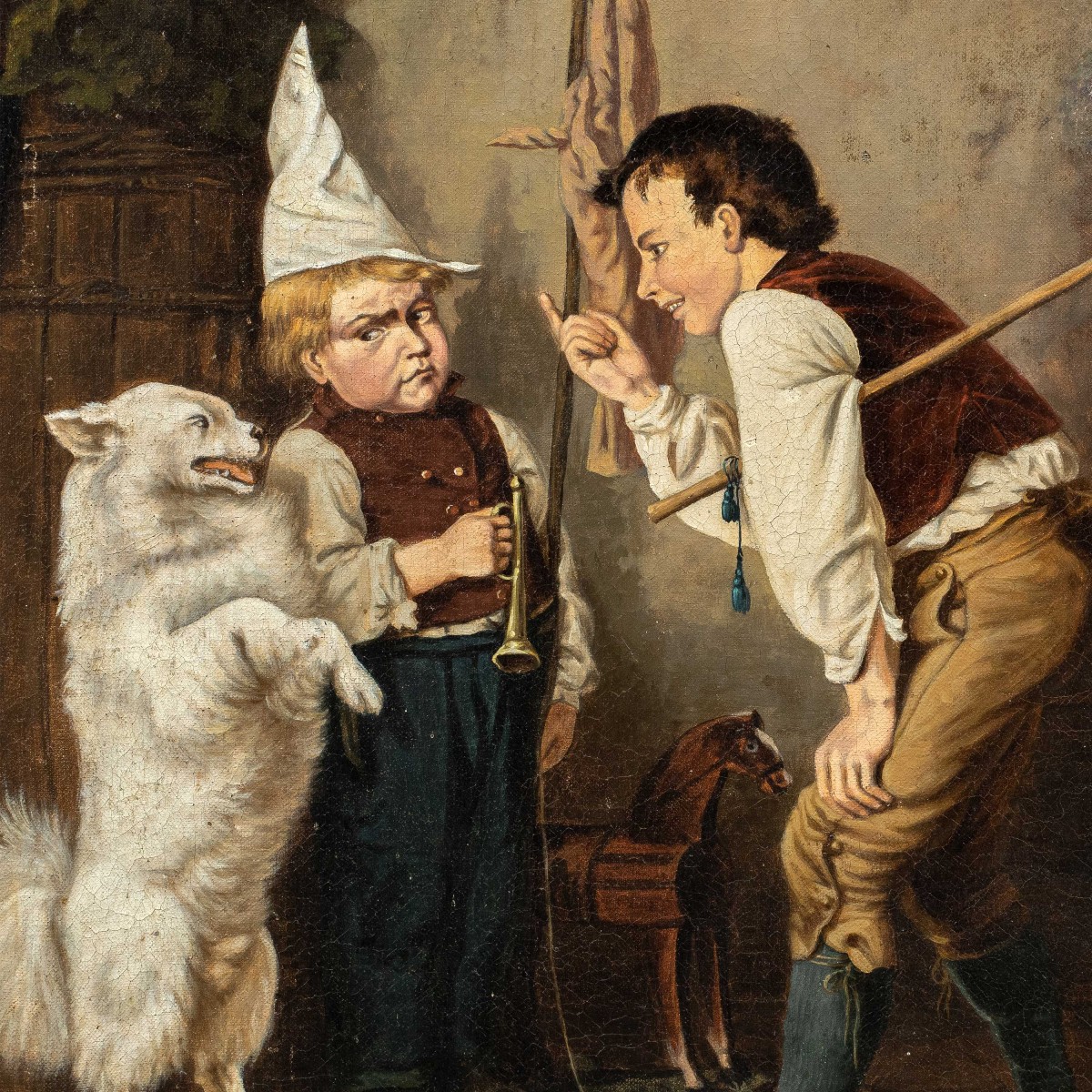 Peintre réaliste allemand (XIXe siècle) - Deux enfants jouant avec un chien dressé.-photo-2