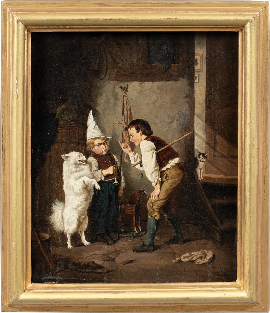 Peintre réaliste allemand (XIXe siècle) - Deux enfants jouant avec un chien dressé.
