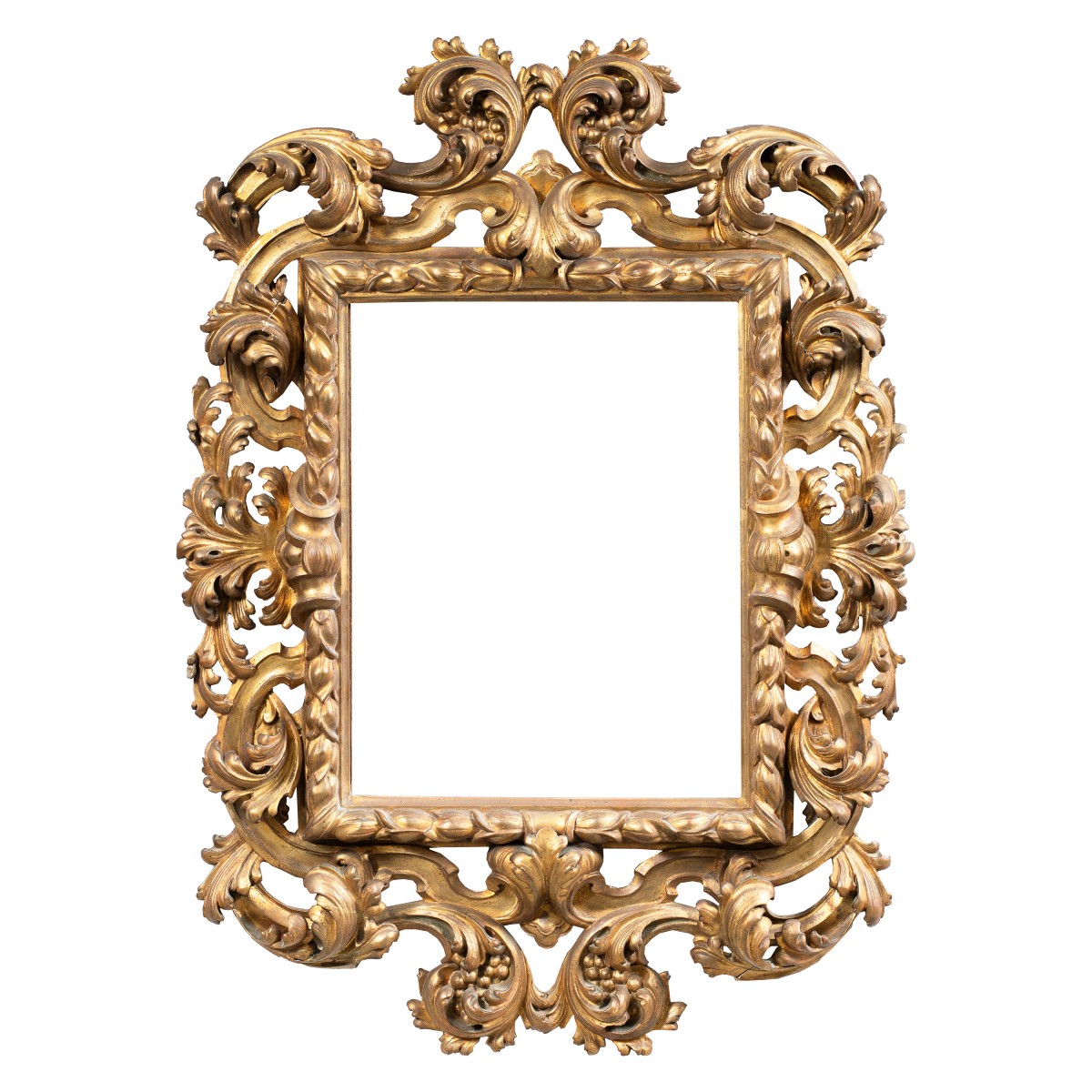 Grand cadre de style baroque en bois sculpté et doré. Bologne, fin du XIXe siècle.
