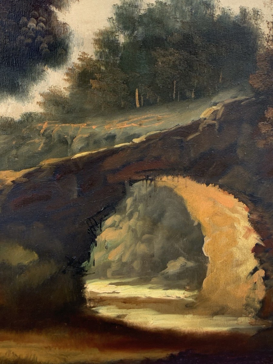Italian Painter (19th-20th Century) - River Landscape With Forest And Town.-photo-1