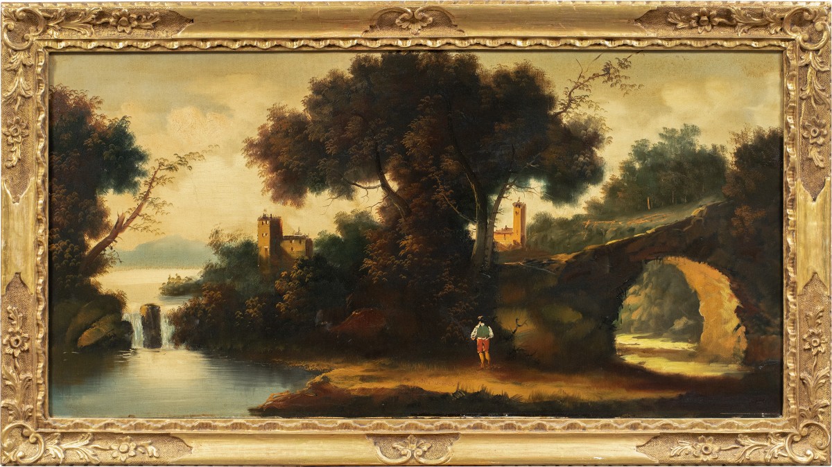Italian Painter (19th-20th Century) - River Landscape With Forest And Town.