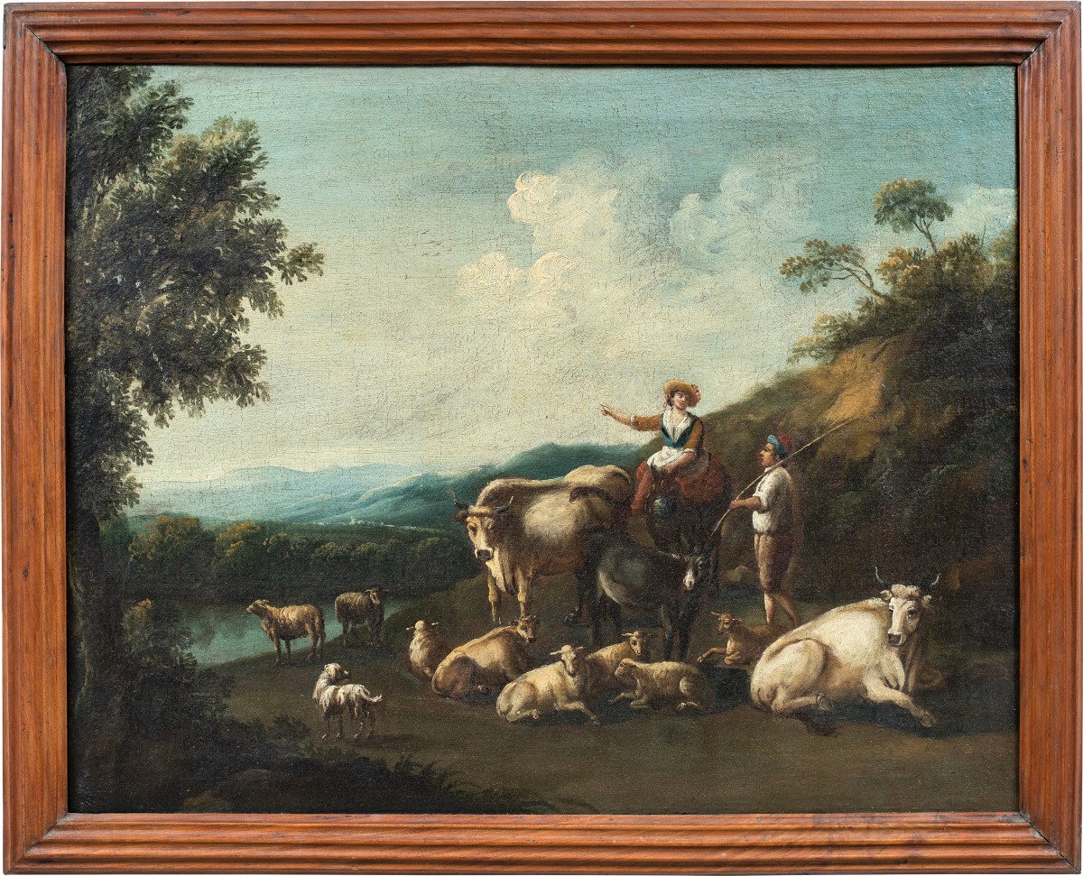 Peintre italien (XVIIIe siècle) - Paysage arcadien avec bergers et troupeau.