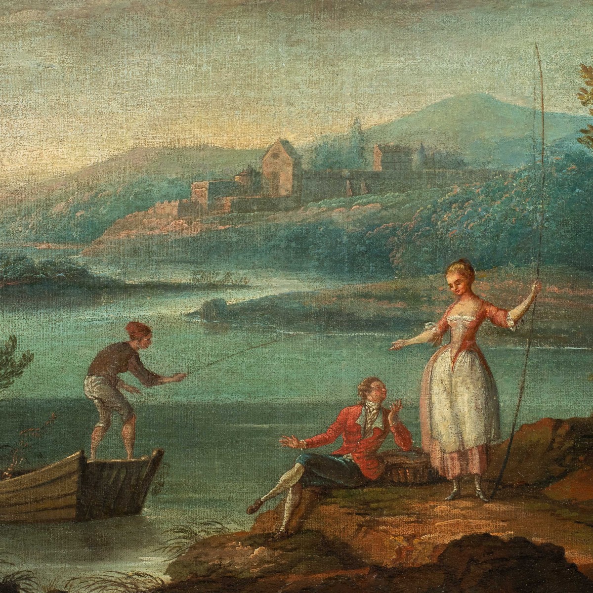 Peintre français (XVIIIe siècle) - Paysage arcadien avec pêcheurs et personnages galants.-photo-2