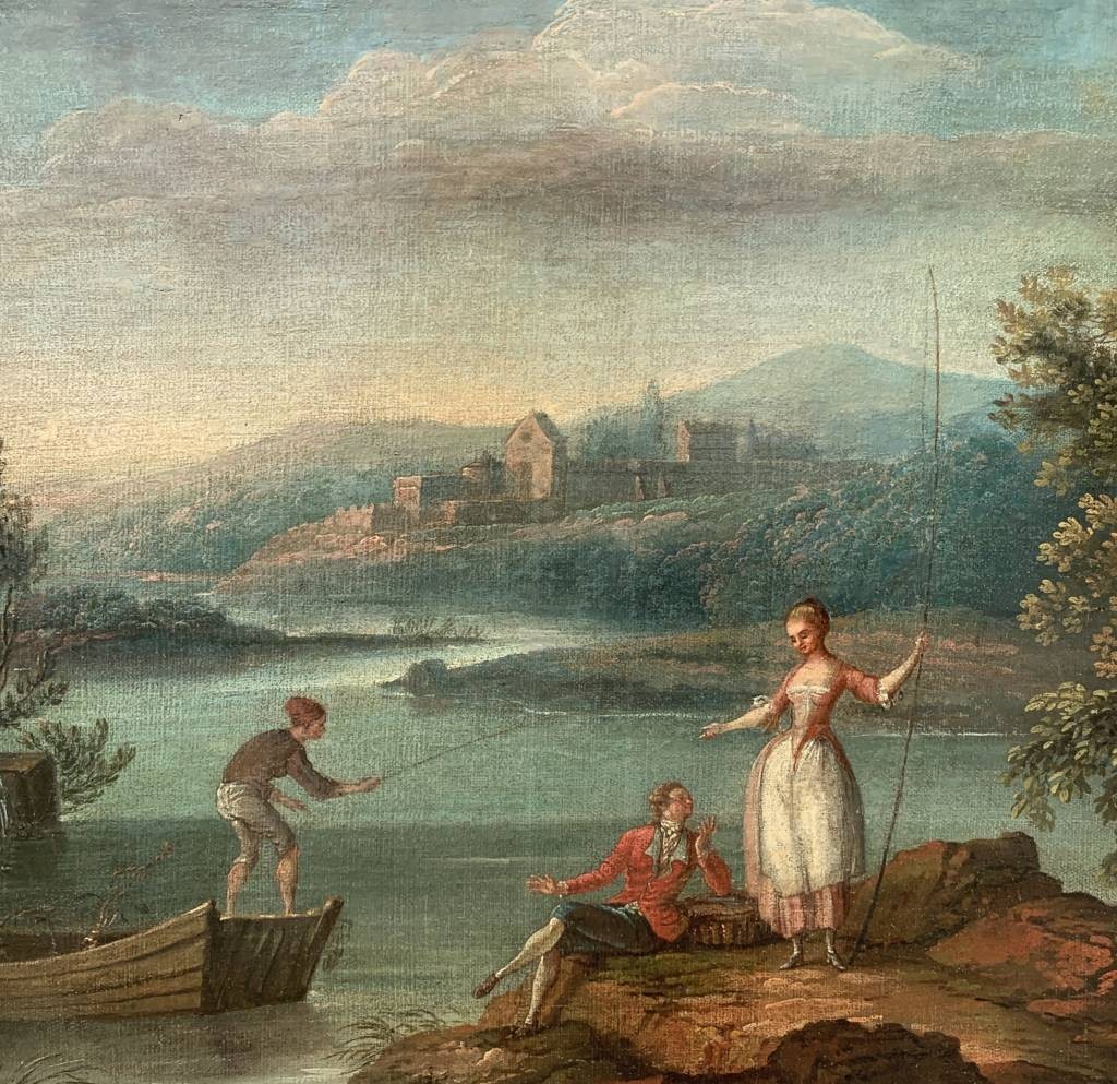 Peintre français (XVIIIe siècle) - Paysage arcadien avec pêcheurs et personnages galants.-photo-1