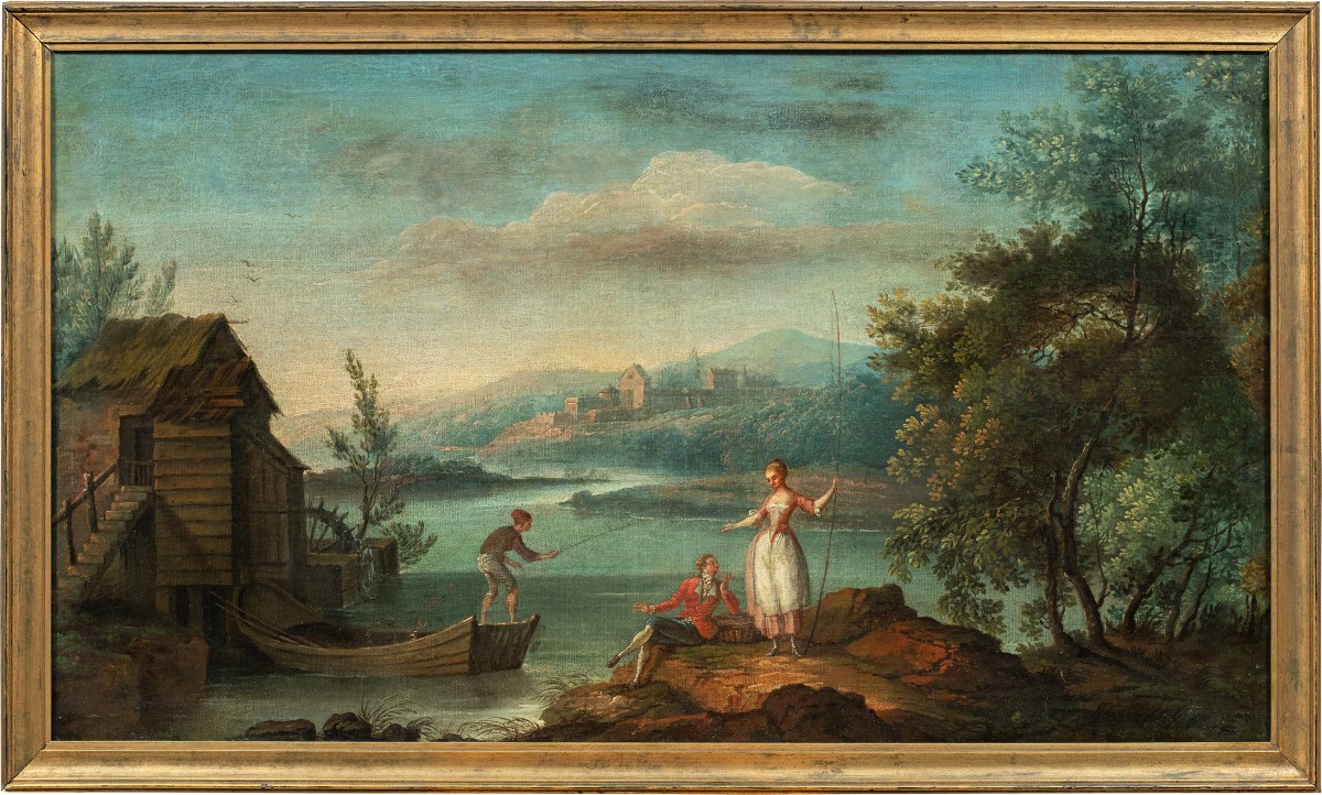 Peintre français (XVIIIe siècle) - Paysage arcadien avec pêcheurs et personnages galants.