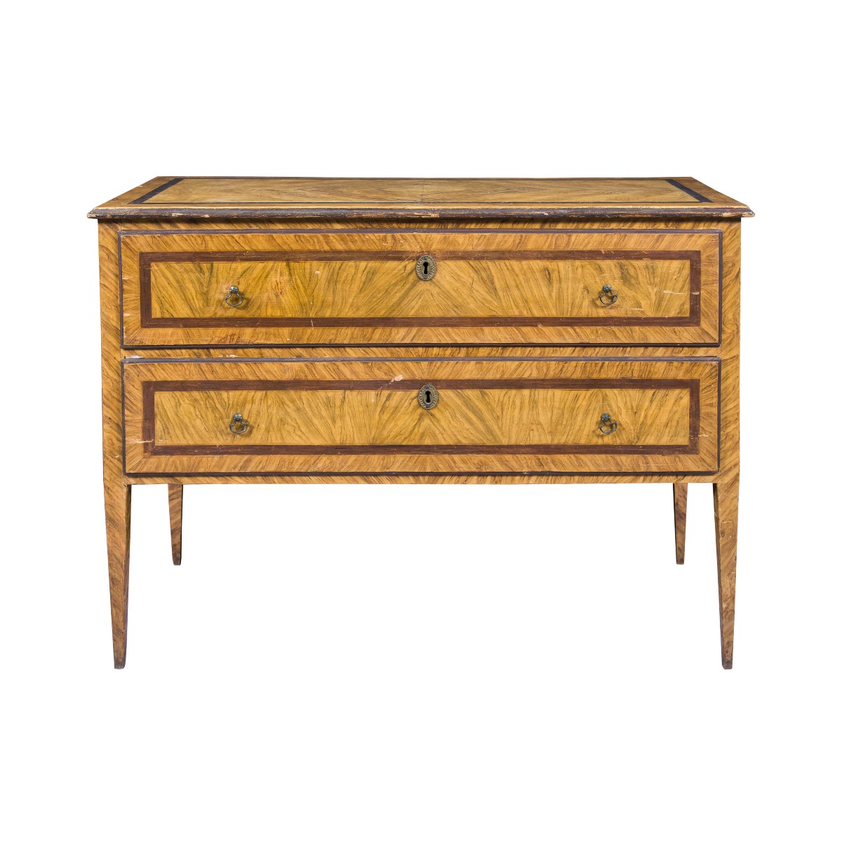 Commode en bois laqué et peint imitation loupe. Toscane, fin du XVIIIe siècle.