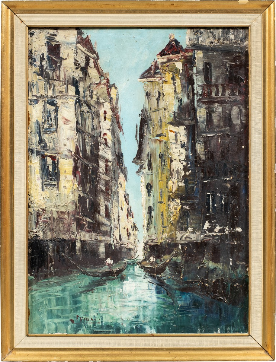 Peintre vénitien (début du XXe siècle) - Vue de Venise avec canal et gondoles.