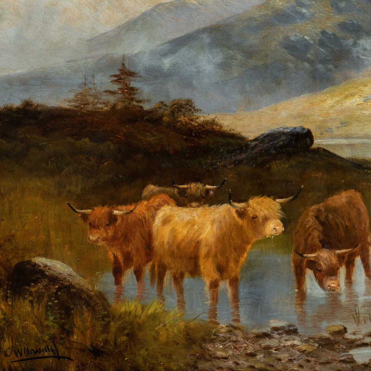 Peintre britannique (fin du XIX) - Paysage avec un troupeau de Highlanders au bord d'un lac.-photo-2