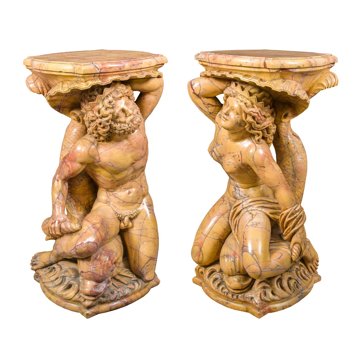 Paire de sculptures porte-vases en marbre jaune - Poséidon et Amphitrite. Italie, XIX-XX-photo-2