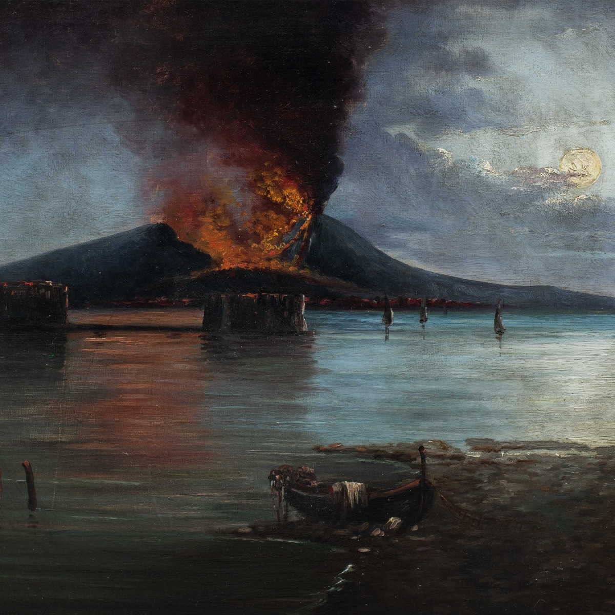 Italian Painter (19th Century) - Gulf Of Naples With Mount Vesuvius Erupting.-photo-2