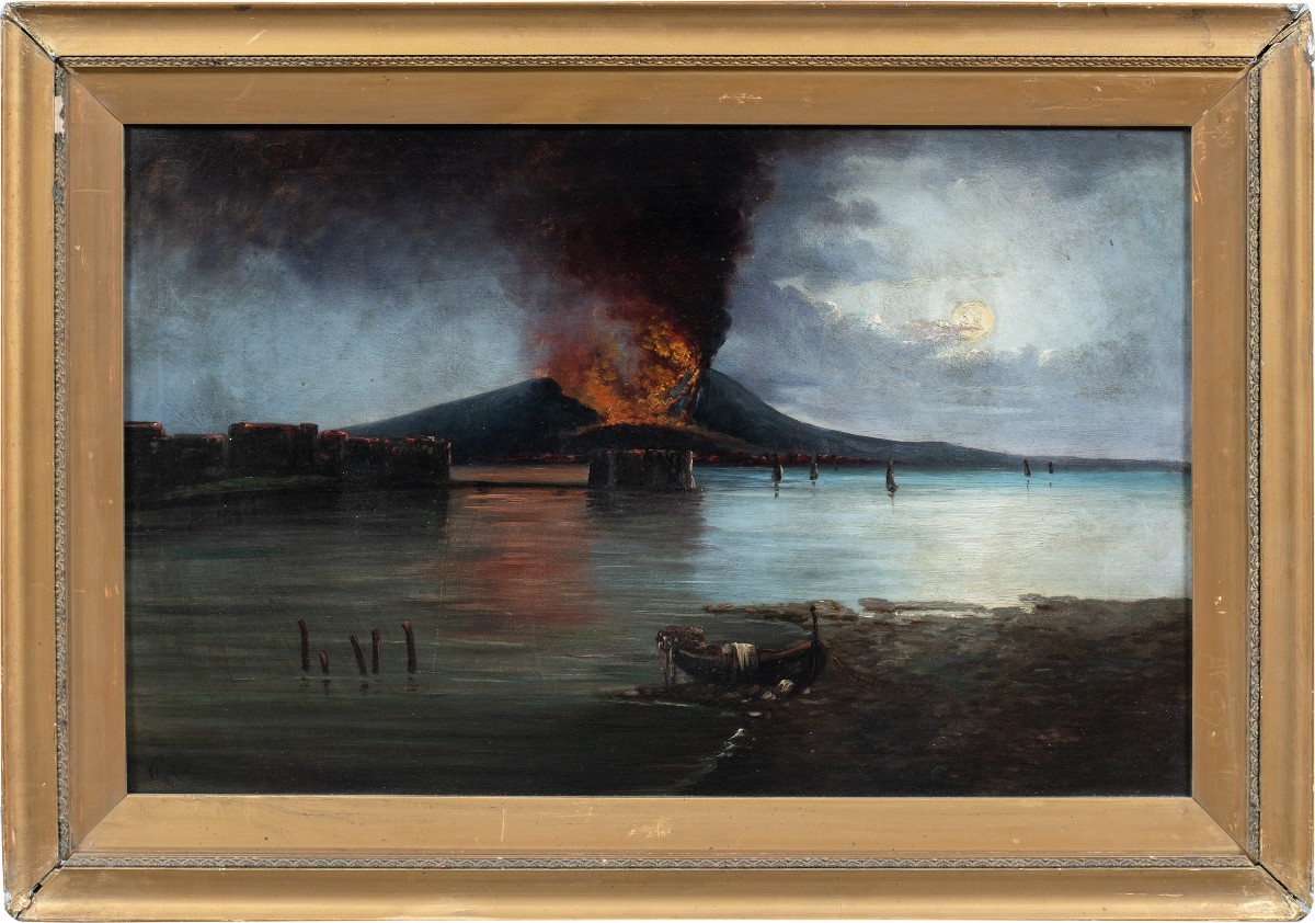 Italian Painter (19th Century) - Gulf Of Naples With Mount Vesuvius Erupting.