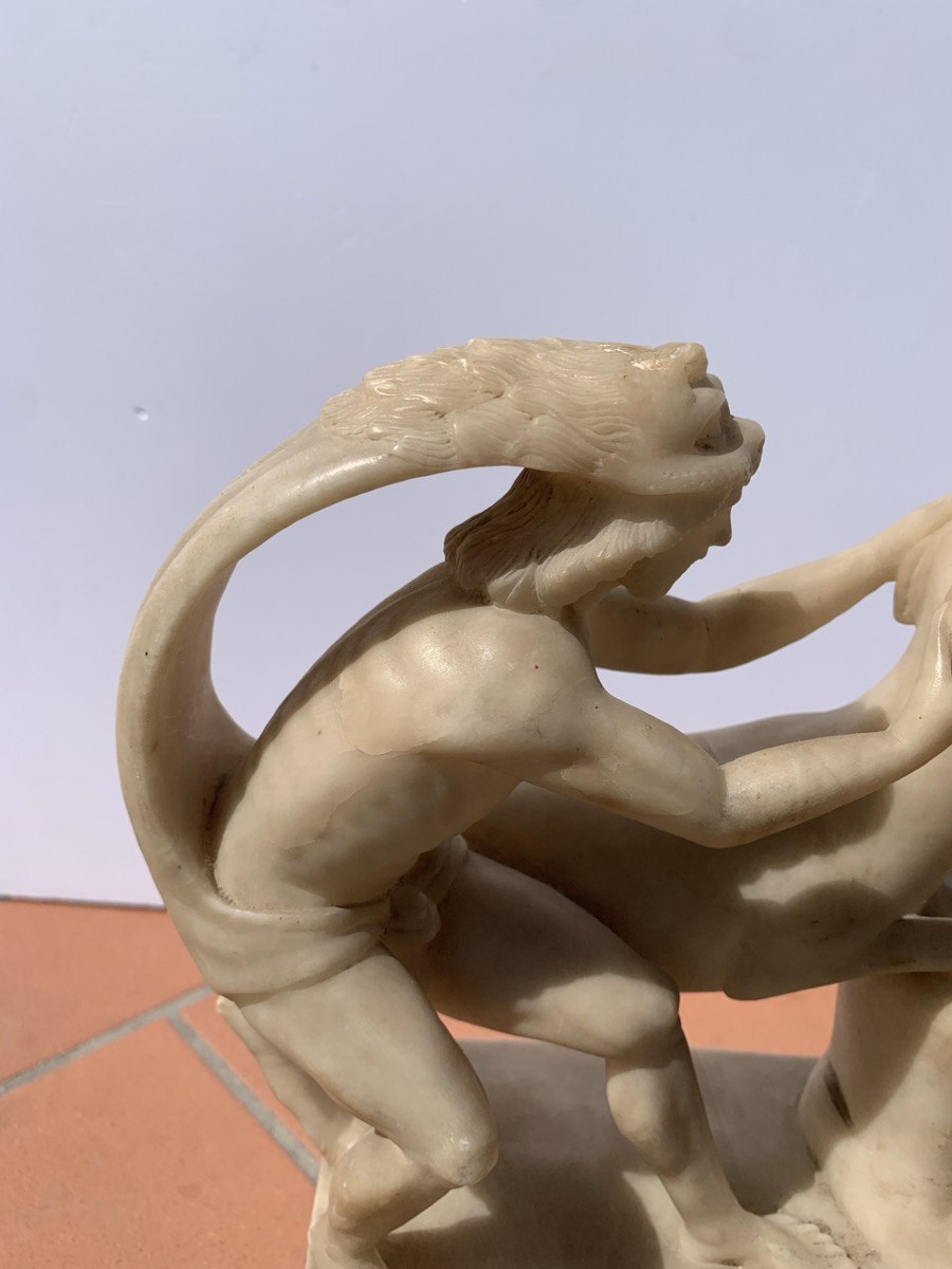 Alabaster Sculpture - Hercules And The Cretan Bull. Rome, 17th Century.-photo-2