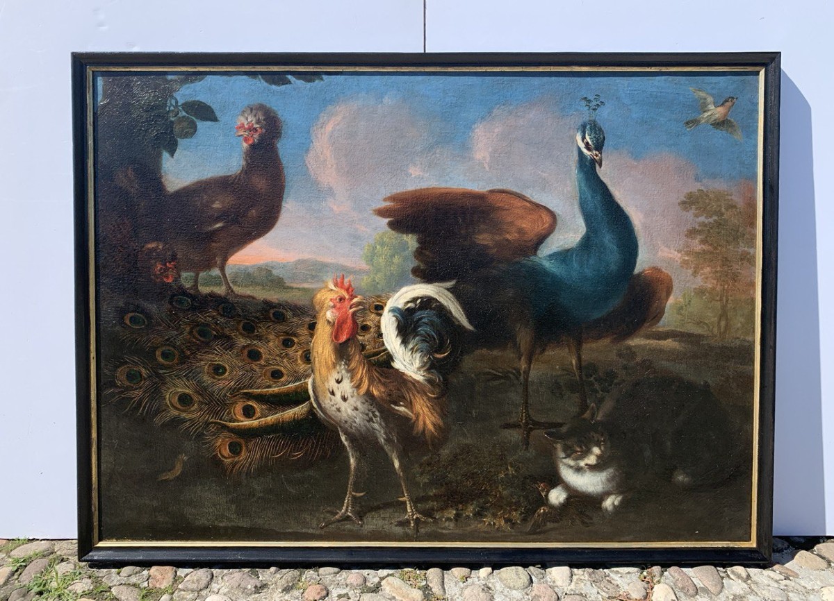 Flemish Master (17th Century) - Still Life With Peacock, Roosters, And A Cat.-photo-1