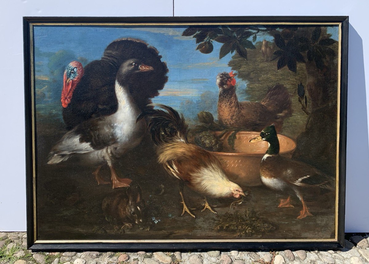 Flemish Master (17th Century) - Still Life With Turkey, Ducks, Rooster, And Rabbit.-photo-1