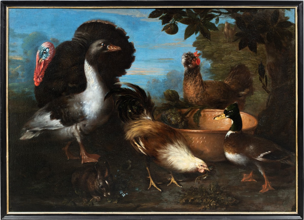 Flemish Master (17th Century) - Still Life With Turkey, Ducks, Rooster, And Rabbit.