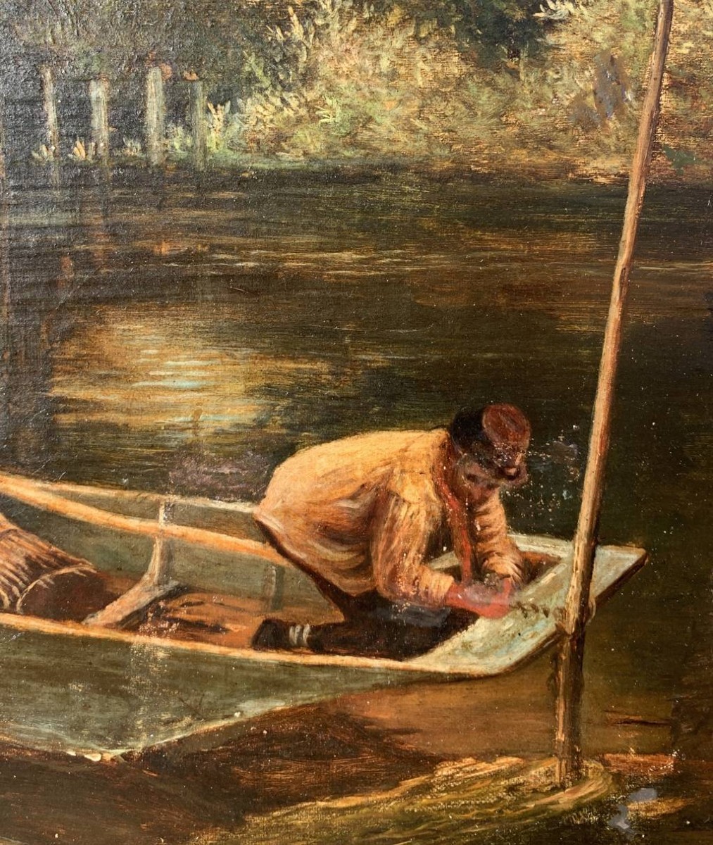 Peintre anglais (fin du XIXe siècle) - Paysage fluvial avec bateau.-photo-1