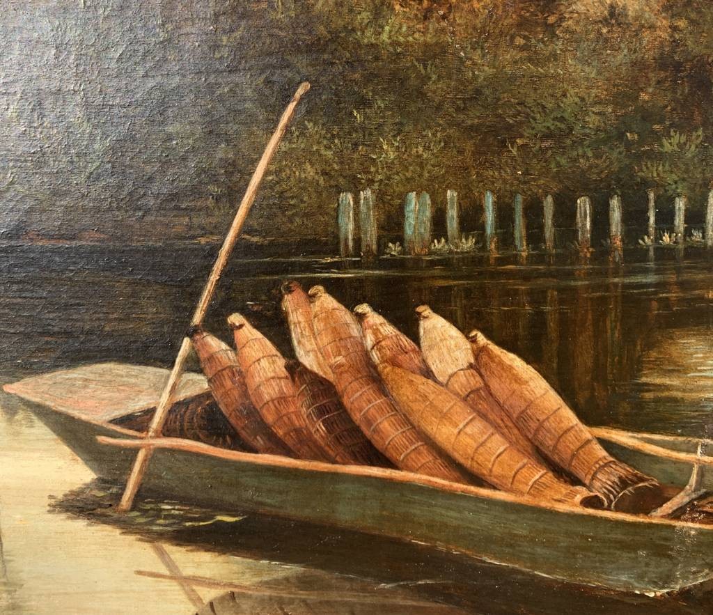 Peintre anglais (fin du XIXe siècle) - Paysage fluvial avec bateau.-photo-2