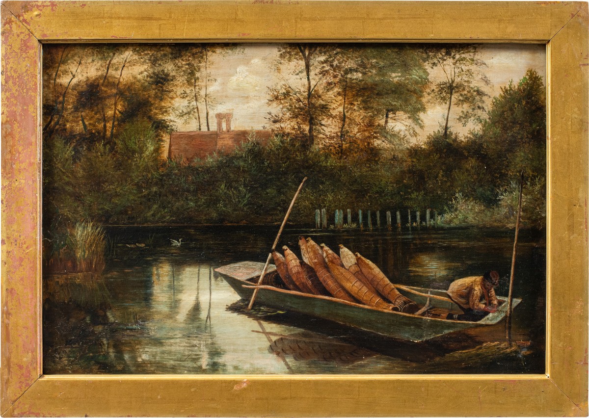 Peintre anglais (fin du XIXe siècle) - Paysage fluvial avec bateau.