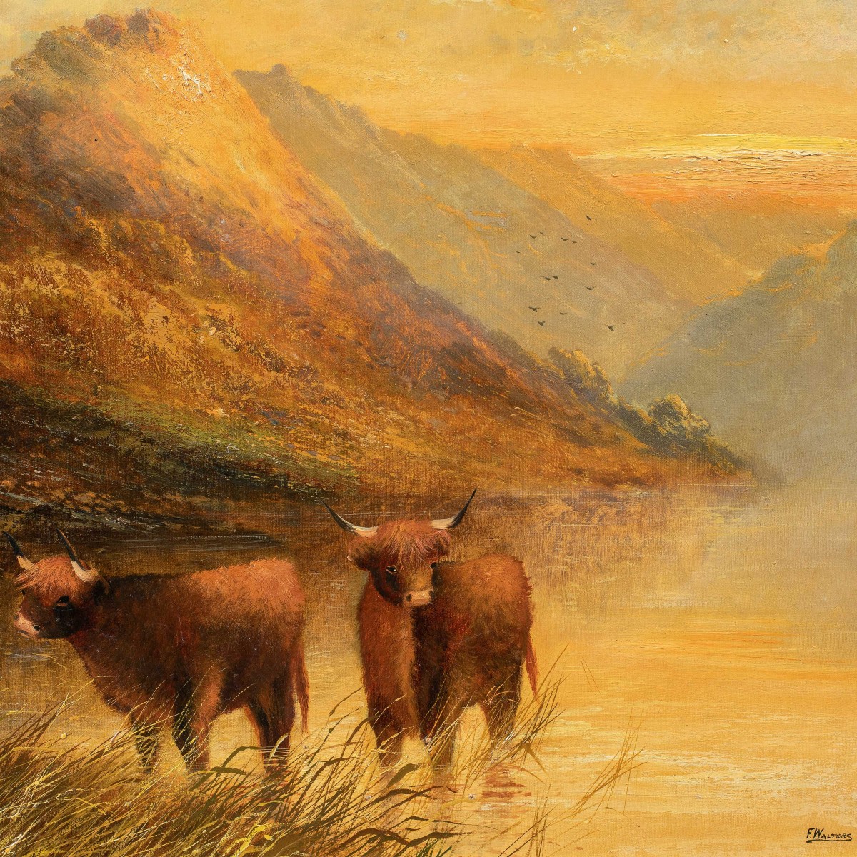 Frank Walters (british, Late 19th Century) - Highland Cattle By The Lake.-photo-2