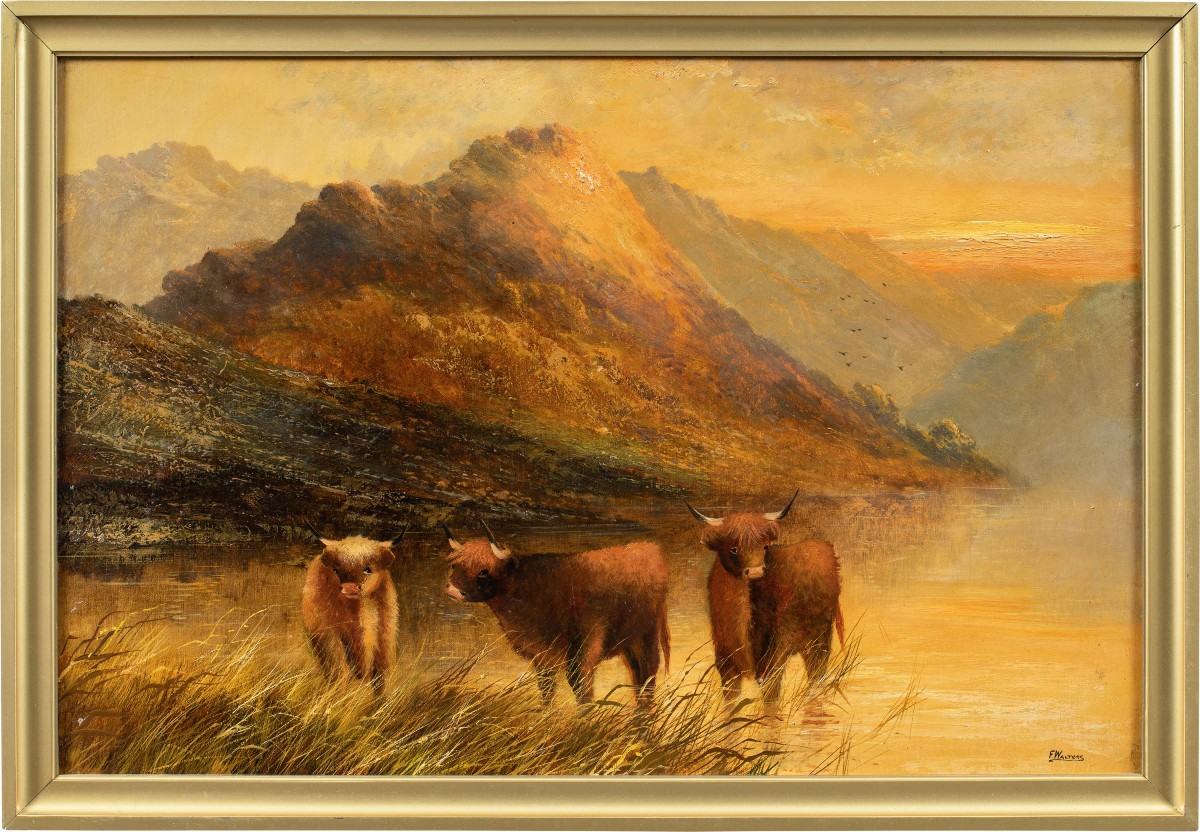 Frank Walters (british, Late 19th Century) - Highland Cattle By The Lake.