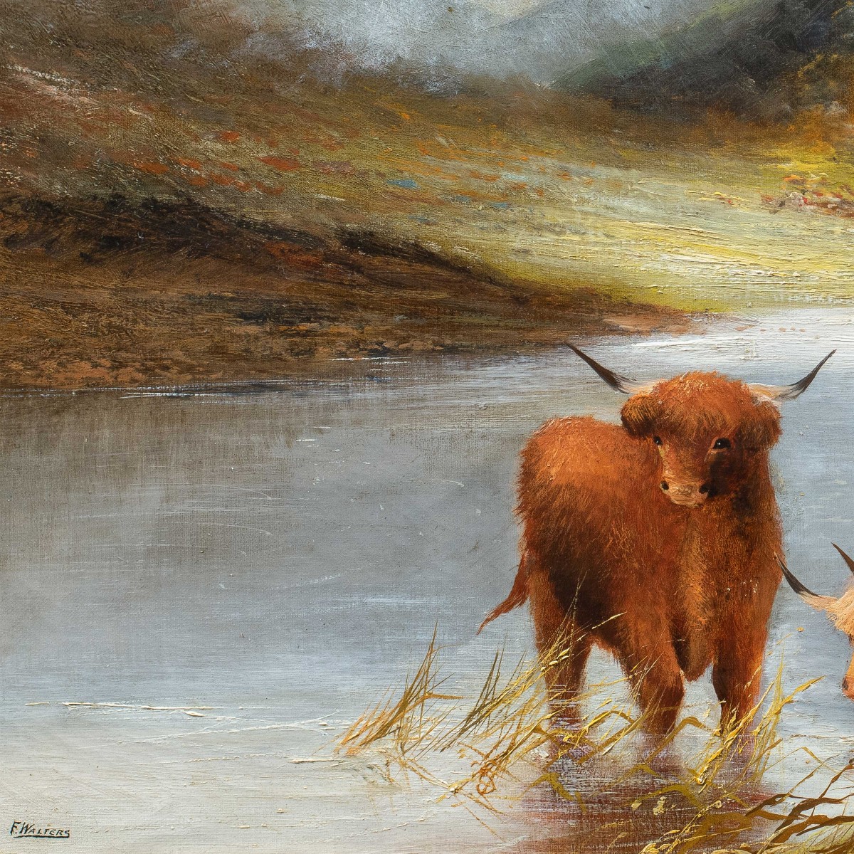 Frank Walters (british, Late 19th Century) - Highland Cattle By The Lake.-photo-2