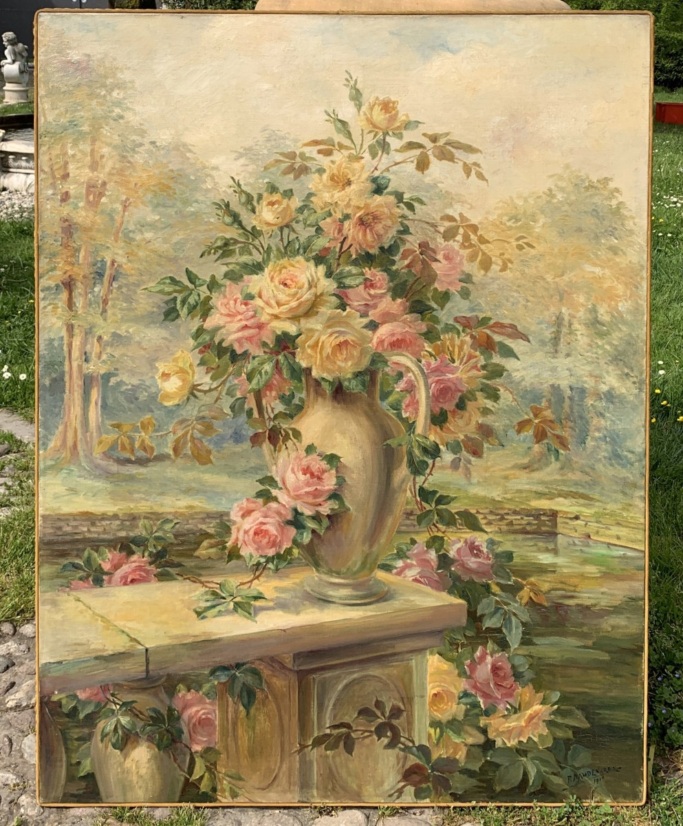French Painter (dated 1919) - Still Life With A Vase Of Roses.-photo-1