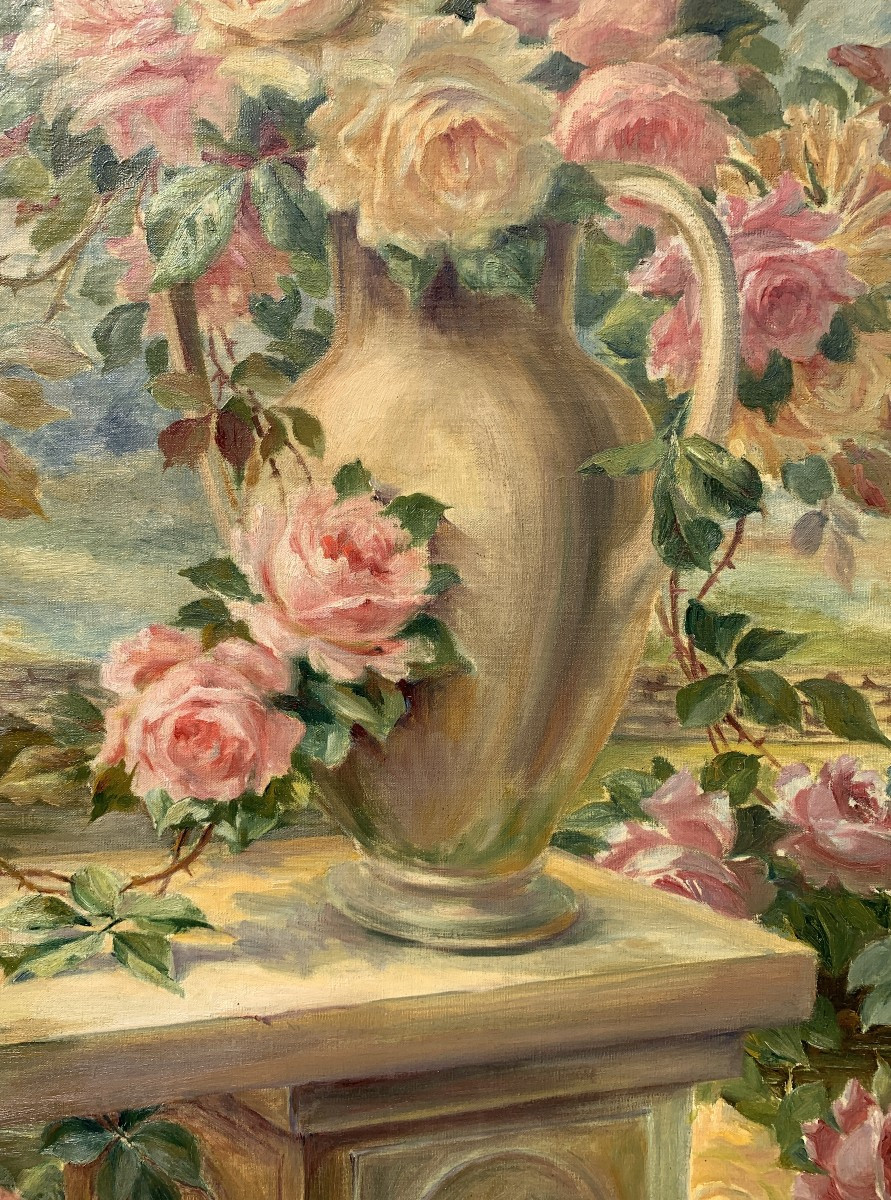French Painter (dated 1919) - Still Life With A Vase Of Roses.-photo-2