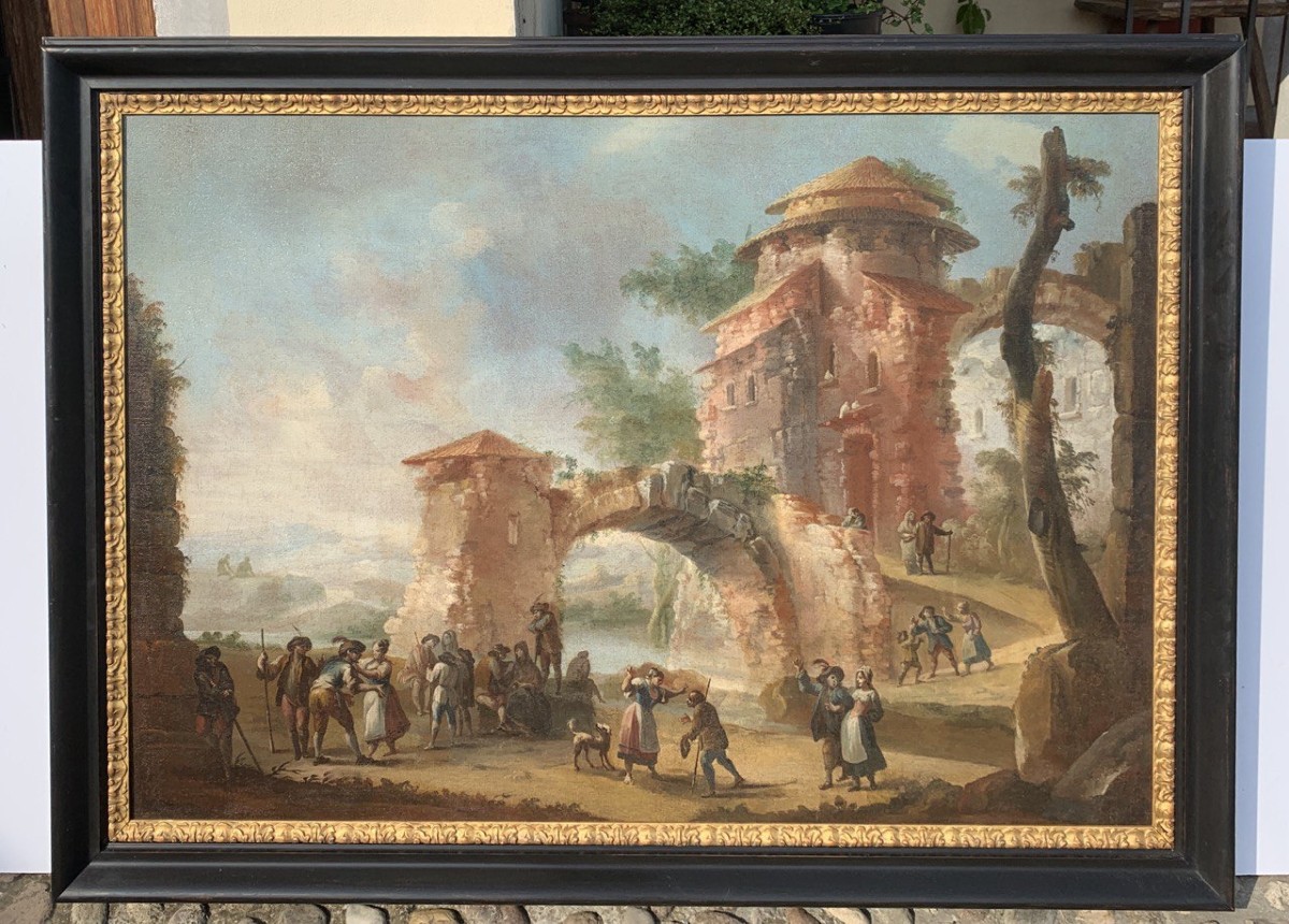 Peintre italien (XVIIIe siècle) - Paysage avec ruines et personnages.-photo-4